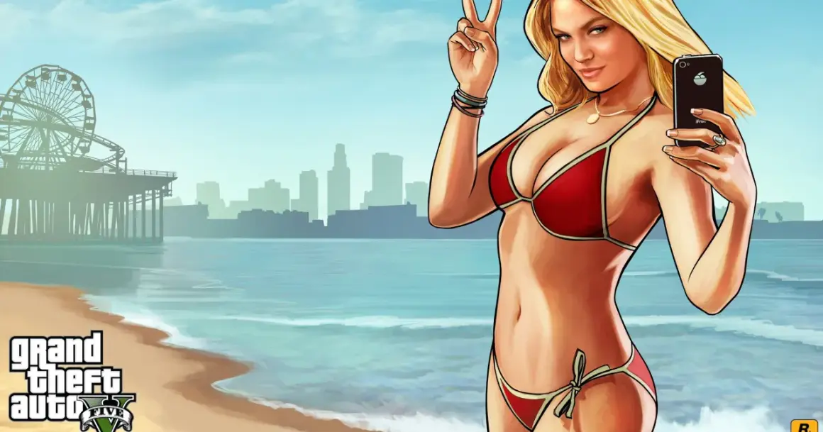 Kobieta w czerwonym bikini robi selfie na plaży z widokiem na miasto i diabelski młyn.