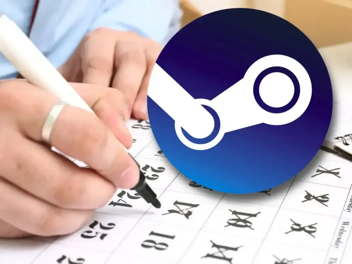 Ręka zaznacza datę na kalendarzu, symbolizując oczekiwanie na **Steam przeceny**.