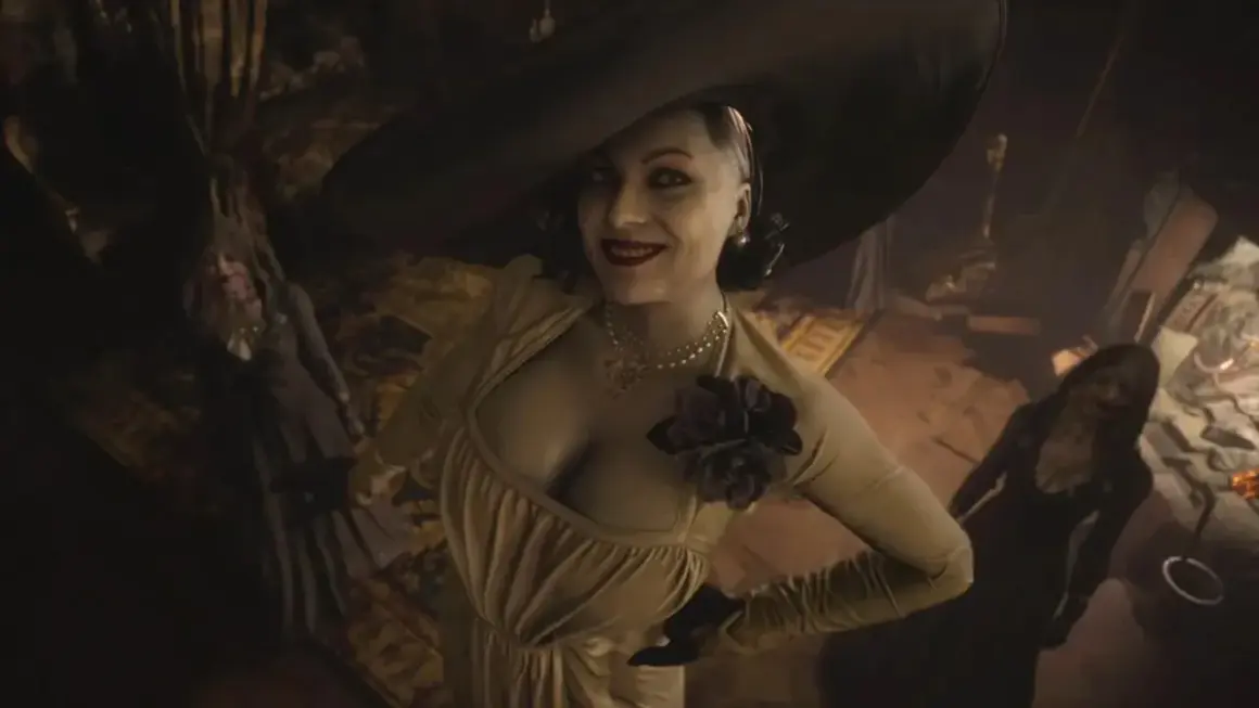 Lady Dimitrescu z Resident Evil, w towarzystwie swoich córek, w mrocznym wnętrzu.