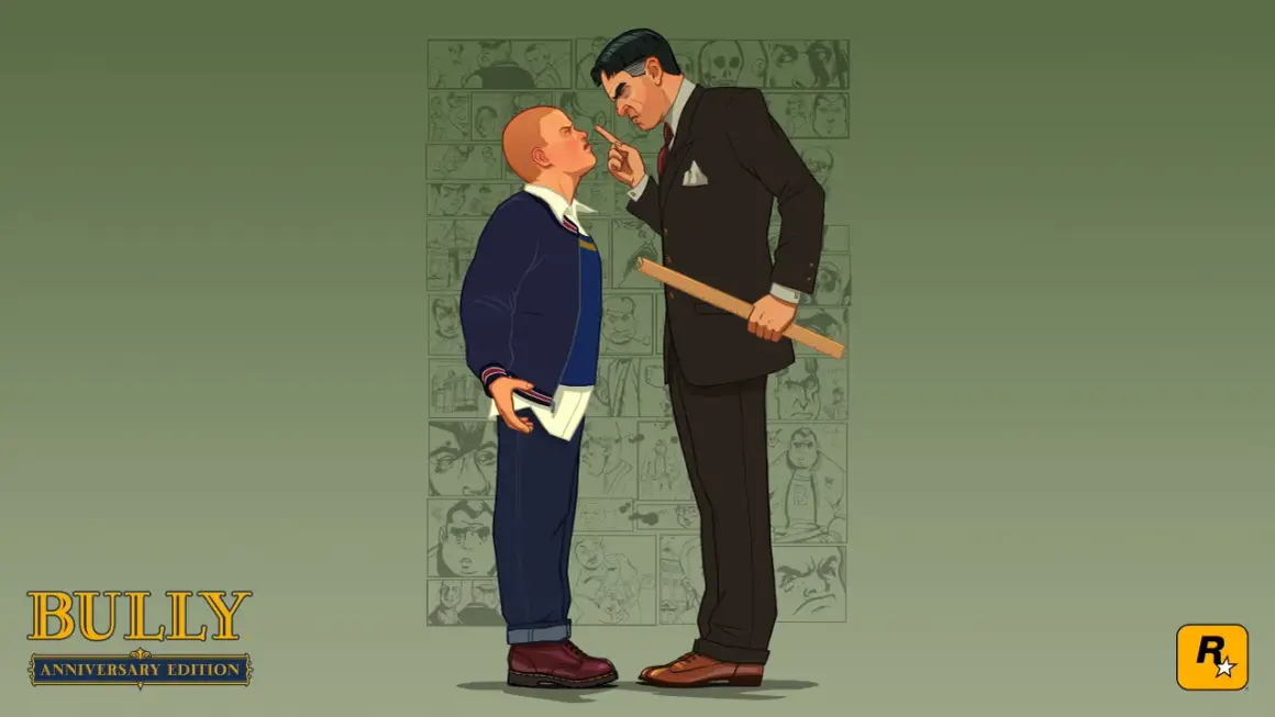Nauczyciel grozi linijką uczniowi na tle komiksowych paneli z postaciami.