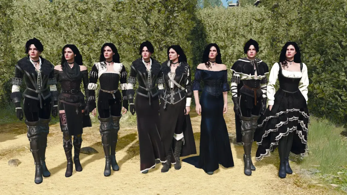 Wiedźmin 3 alternatywny wygląd porównanie: Yennefer w różnych strojach, od eleganckich sukni po bardziej praktyczne, bojowe kreacje.