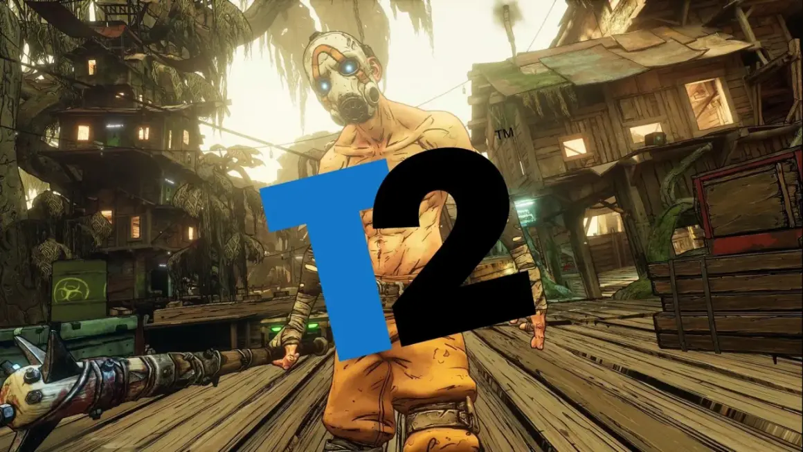 Psycho z gry Borderlands 2 od Gearbox Software, stojący na drewnianej platformie w wiosce na drzewach.