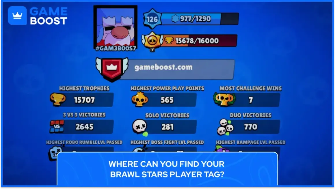 Profil gracza w Brawl Stars: 15707 trofeów, 2645 zwycięstw 3v3, 281 zwycięstw solo.