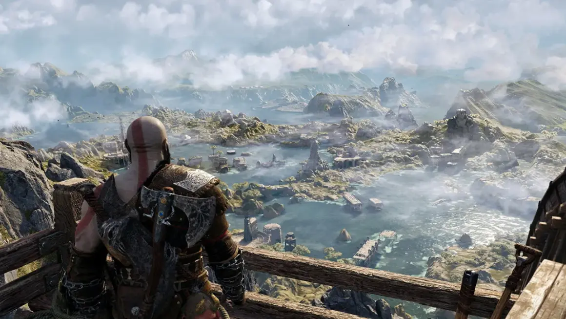 Kratos spogląda na rozległy krajobraz, zastanawiając się, ile godzin zajmie mu odkrycie wszystkich tajemnic tego świata w God of War.