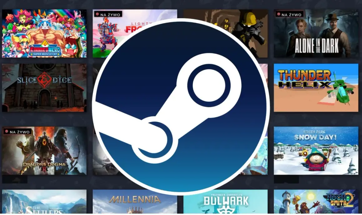 Logo Steam na tle okładek gier komputerowych.