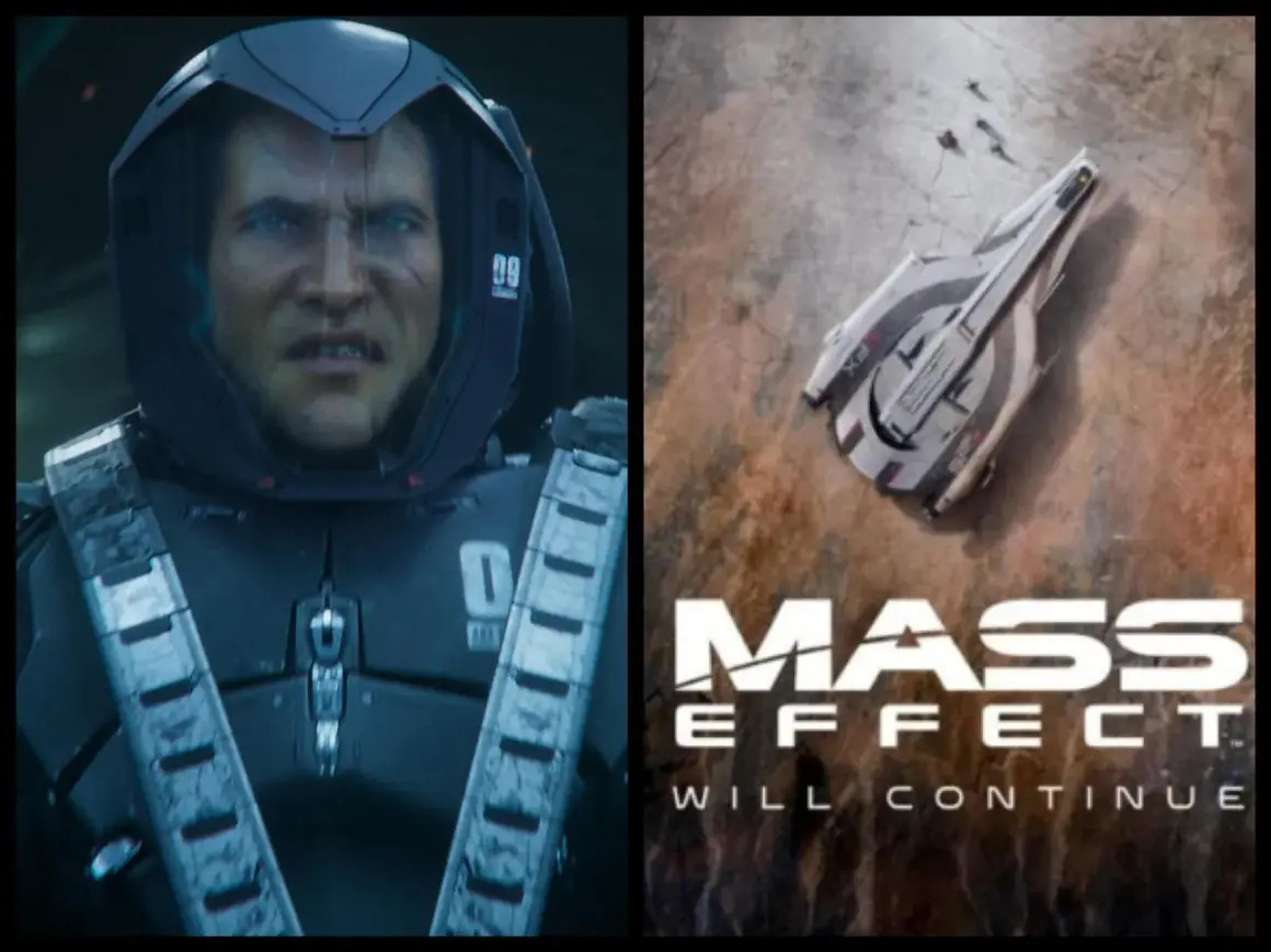 Postać w hełmie i statek kosmiczny z logo Mass Effect.