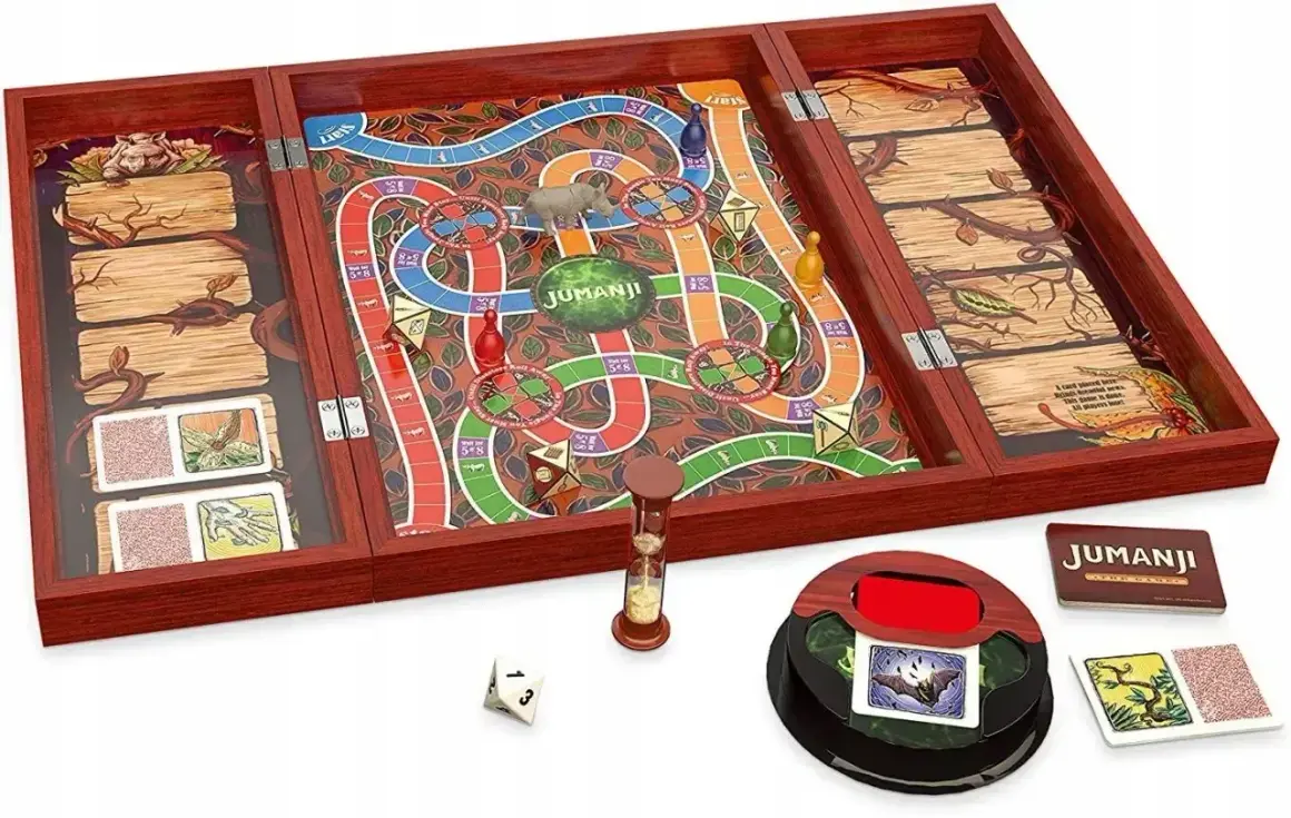 Plansza do gry Jumanji z pionkami, kostką i klepsydrą. Czy jesteś gotów na przygodę?