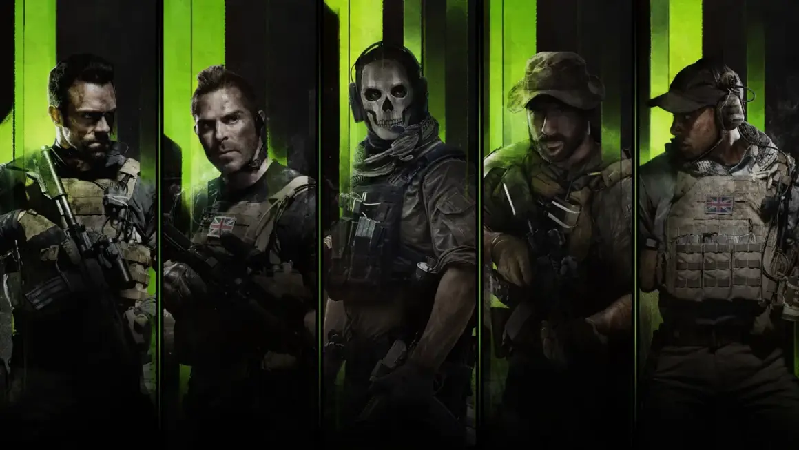 Pięciu żołnierzy w taktycznym rynsztunku, w tym ikoniczny ghost cod, gotowych do akcji na tle zielonych pasów.