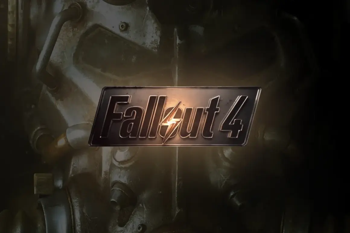 Logo Fallout 4 na tle pancerza. Sprawdź, czy Twój sprzęt spełnia fallout 4 wymagania, by przetrwać w postapokaliptycznym świecie.