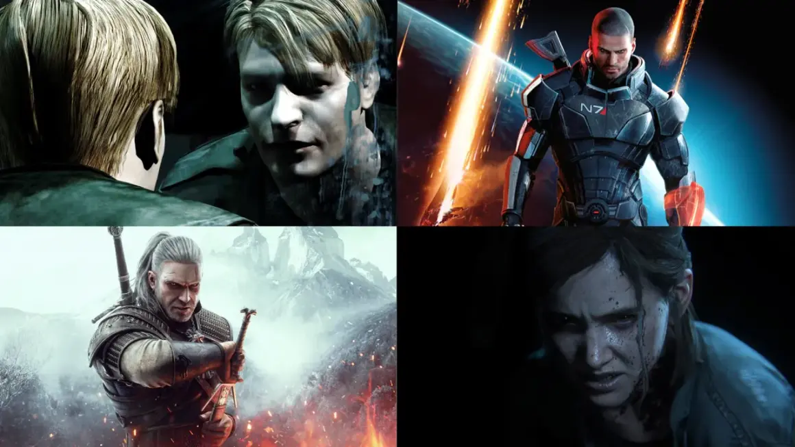Cztery sceny z gier komputerowych: James Sunderland z Silent Hill 2, Commander Shepard z Mass Effect, Geralt z Wiedźmina 3 i Ellie z The Last of Us Part II.