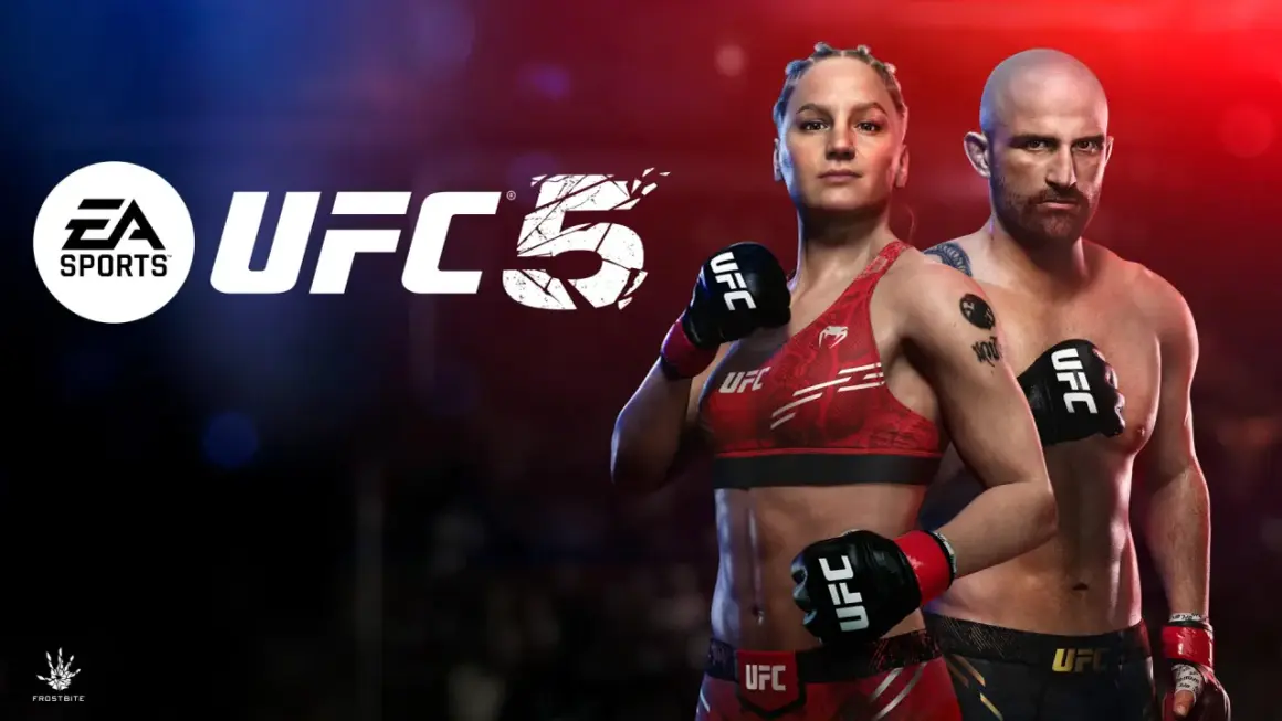 EA Sports UFC 5 na PC. Dwie postacie fighterów UFC, kobieta i mężczyzna, gotowi do walki.