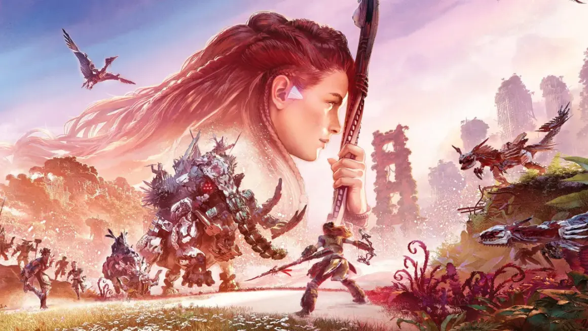 Aloy walczy z mechanicznymi bestiami w świecie Horizon Zero Dawn 2. Gigantyczna głowa Aloy dominuje nad sceną.