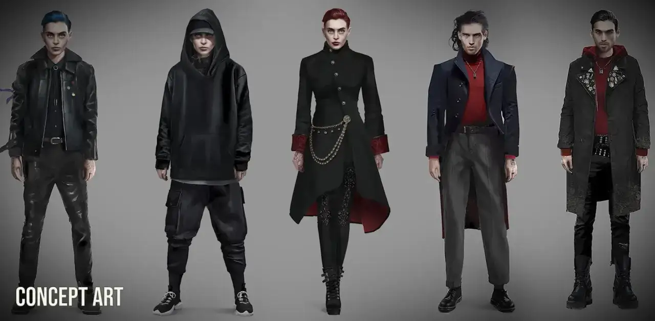 Pięciu bohaterów w mrocznych, stylowych strojach, gotowych na nocne życie w świecie Vampire: The Masquerade.