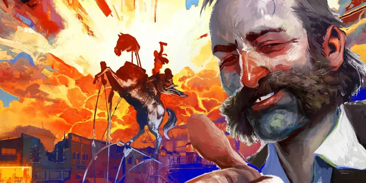 Intensywna wizja z Disco Elysium 2: mężczyzna z zarostem, na tle płonącego miasta i galopującego konia.