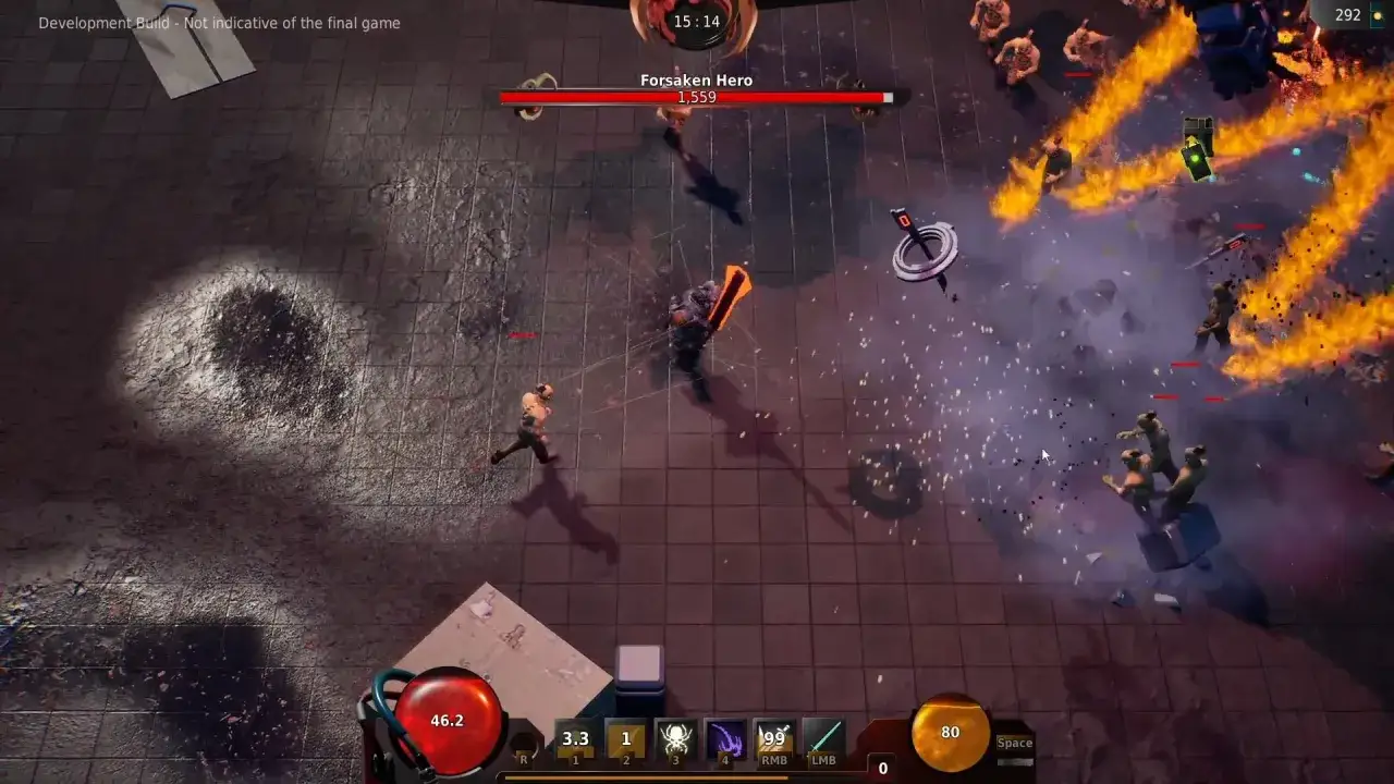 Intensywna walka w grze roguelite: bohater walczy z potworami, unikając ognia i ataków.