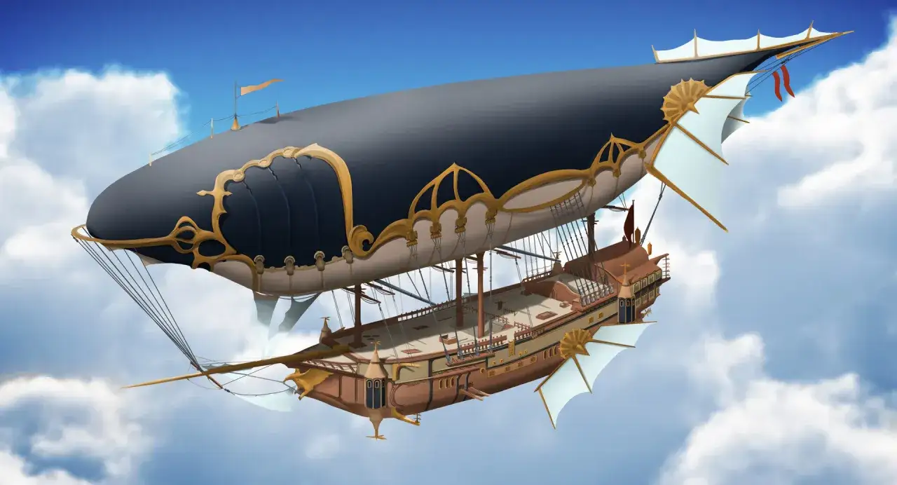 Majestatyczny sterowiec w stylu dieselpunk, przypominający żaglowiec, unosi się na tle błękitnego nieba z chmurami.