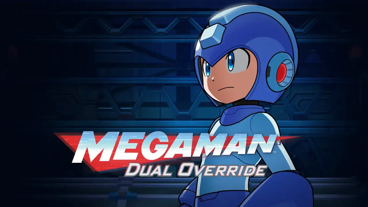 Megaman w niebieskiej zbroi, gotowy do walki. Tytuł gry
