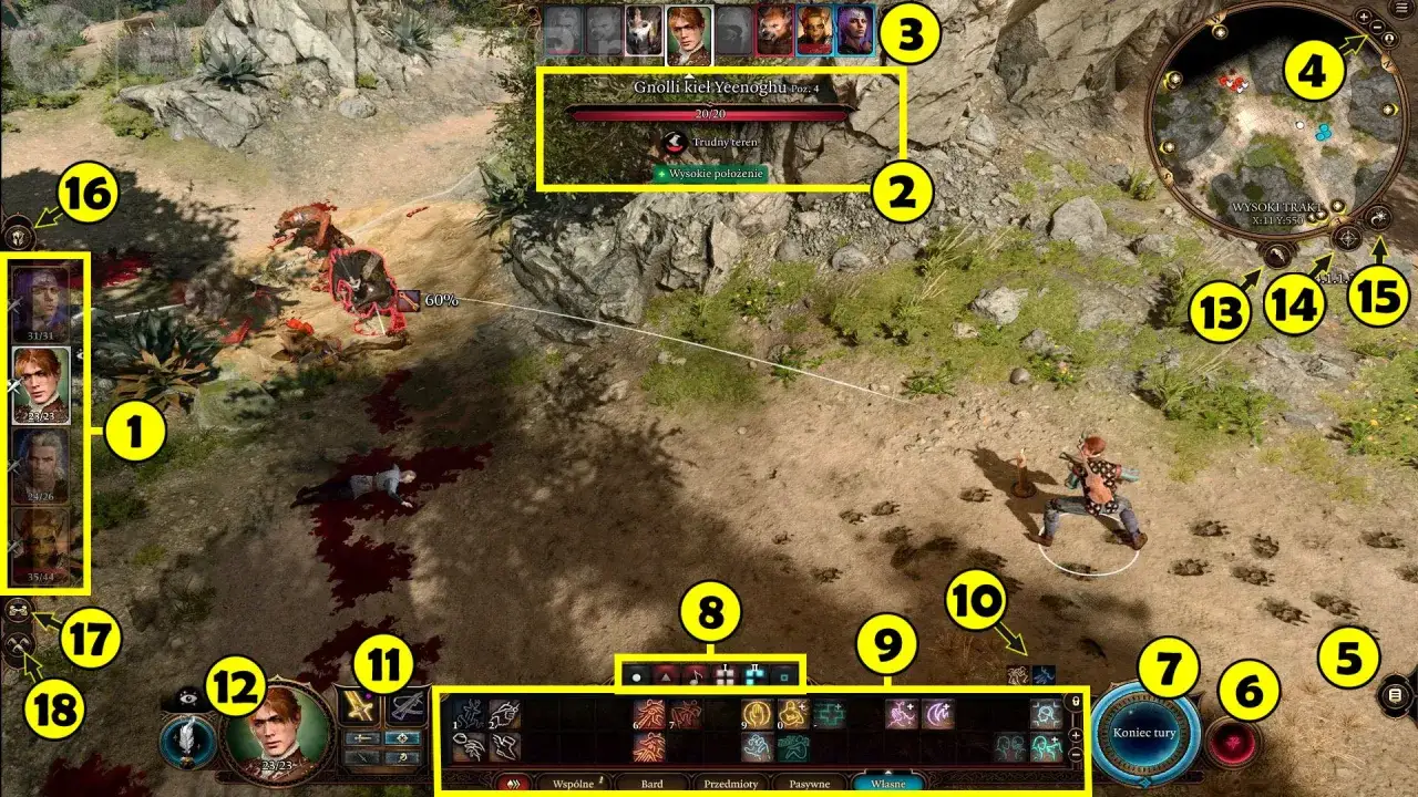 Bitwa w Baldur's Gate: drużyna walczy z gnollami. Widać interfejs gry, postacie i minimapę.