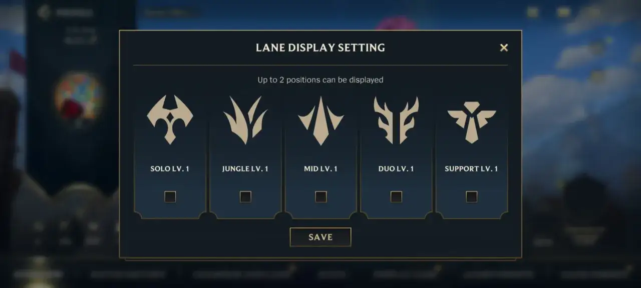 Ustawienia wyświetlania alejek w grze lol: Solo, Jungle, Mid, Duo, Support. Można wybrać do dwóch pozycji.