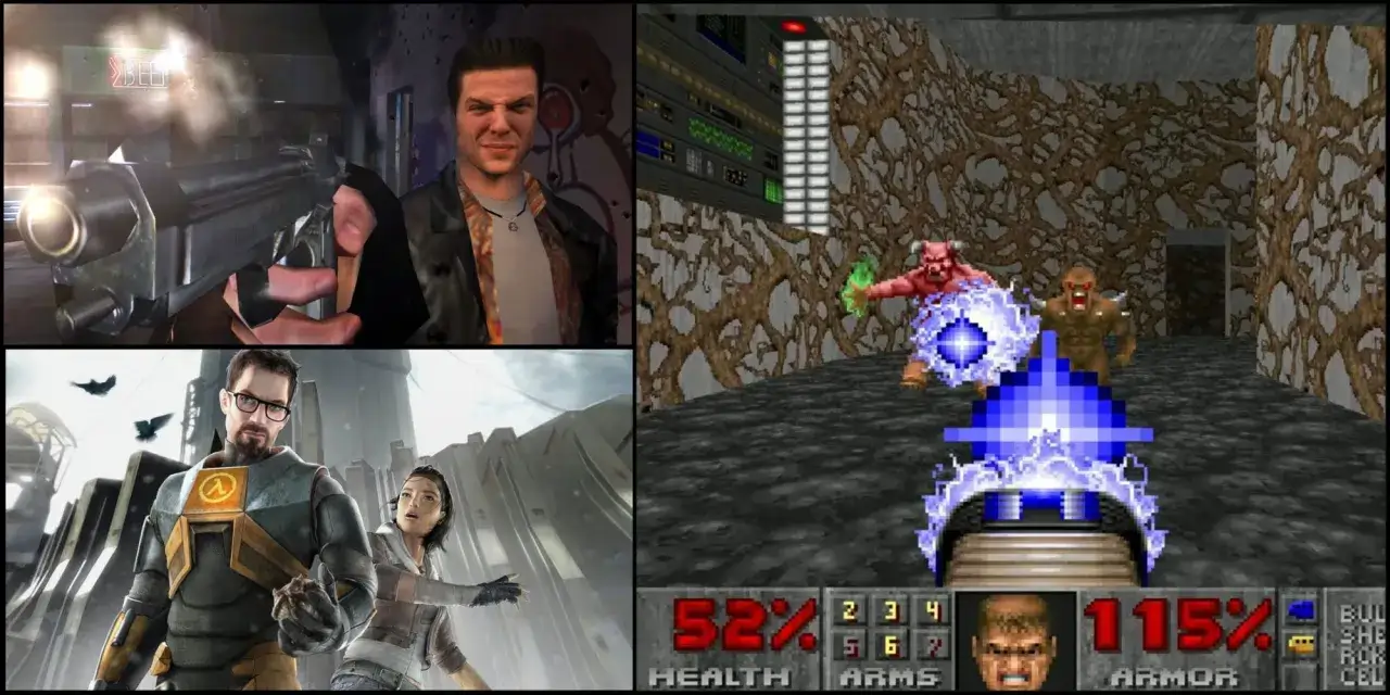 Kolaż z najlepszymi strzelankami: Gordon Freeman i Alyx Vance z Half-Life 2, postać z pistoletem i klasyczny Doom.