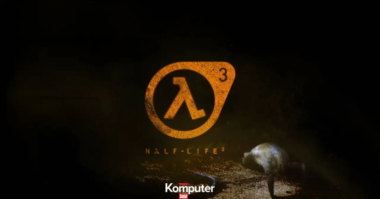 Pomarańczowe logo Half-Life 3 na ciemnym tle. W tle widać martwe stworzenie.