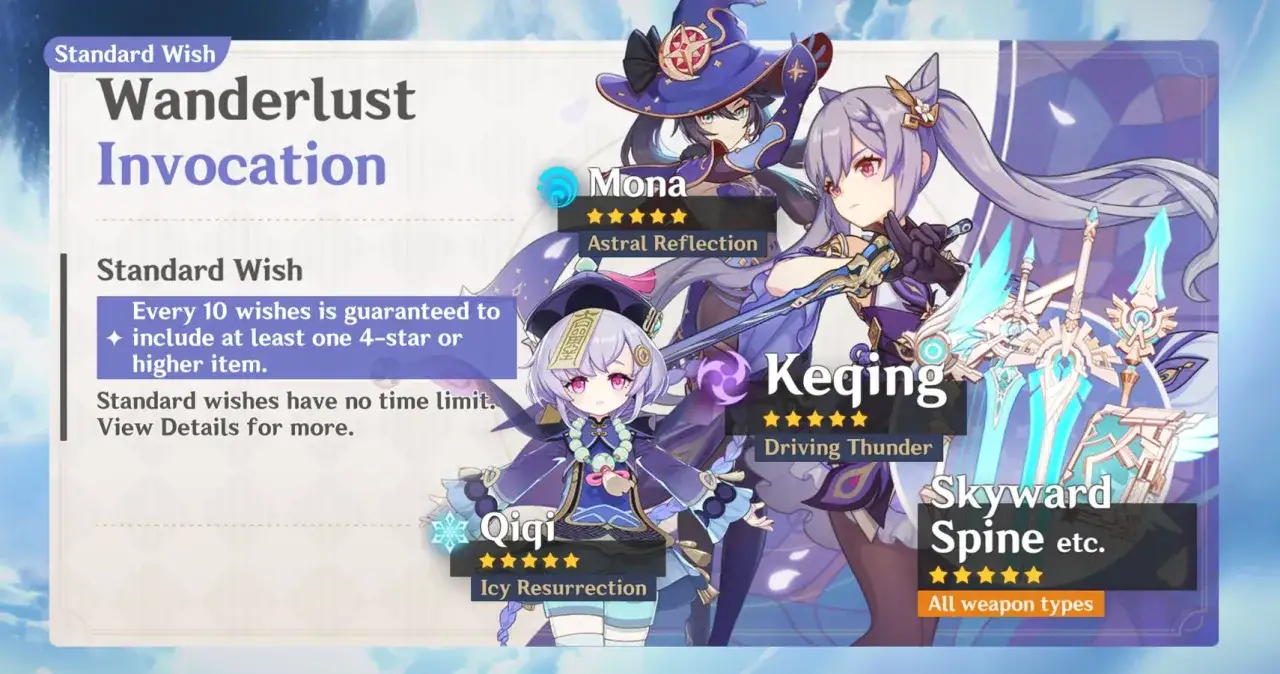 Postać Mona, Keqing i Qiqi z gry Genshin Impact, zachęcające do losowania w mechanice gry gry gacha.