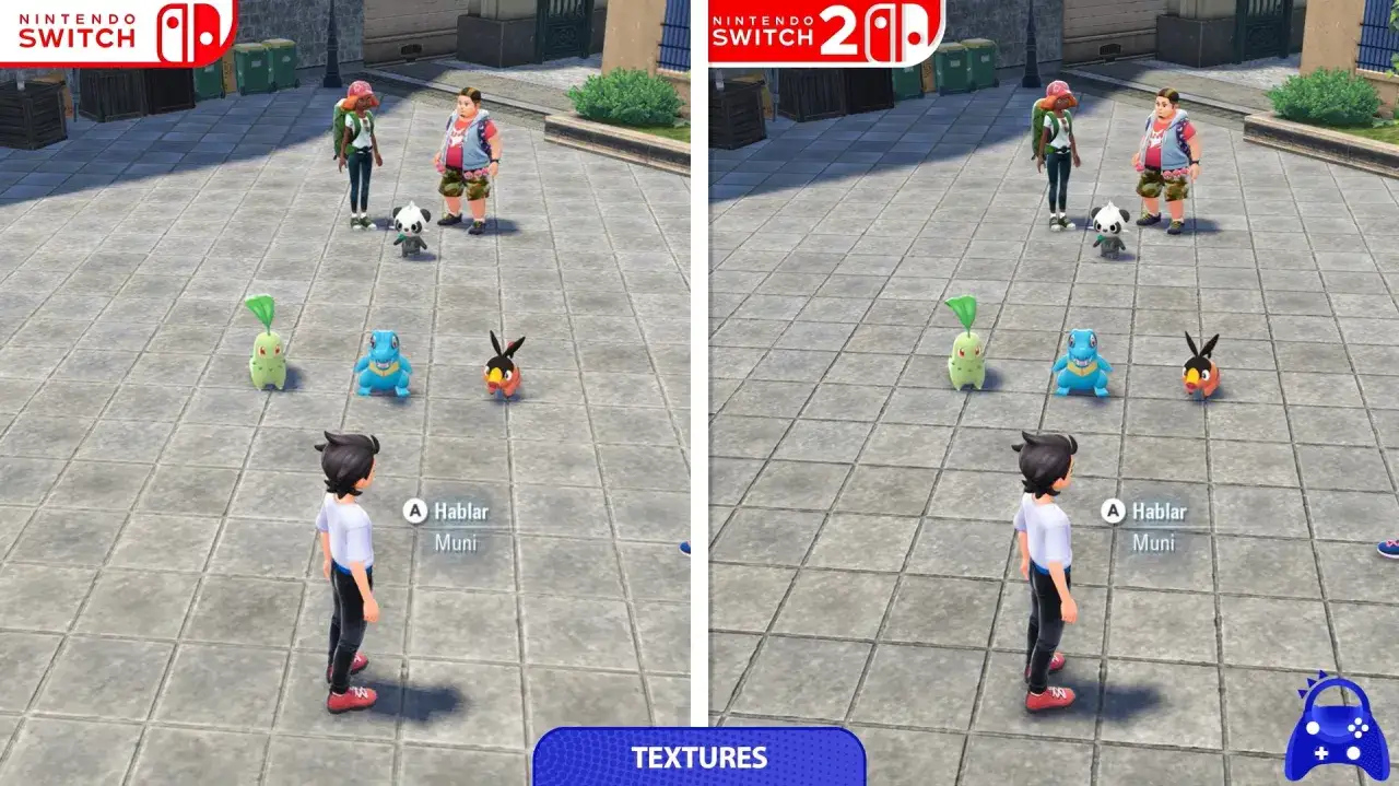 Dwie wersje gry Pokemon na Nintendo Switch. Widoczni gracze, Pokemony i elementy otoczenia.