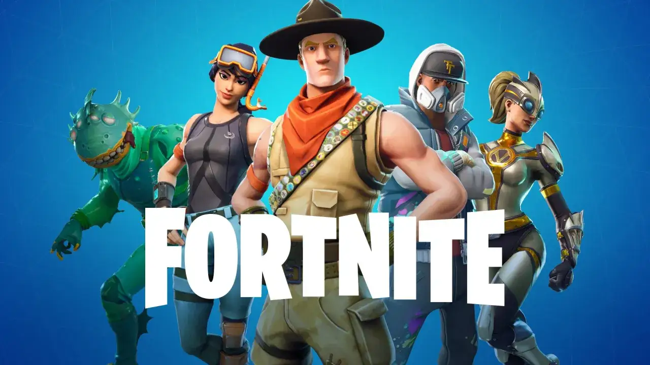 Postacie z gry Fortnite, która powstała w 2017 roku, na niebieskim tle.