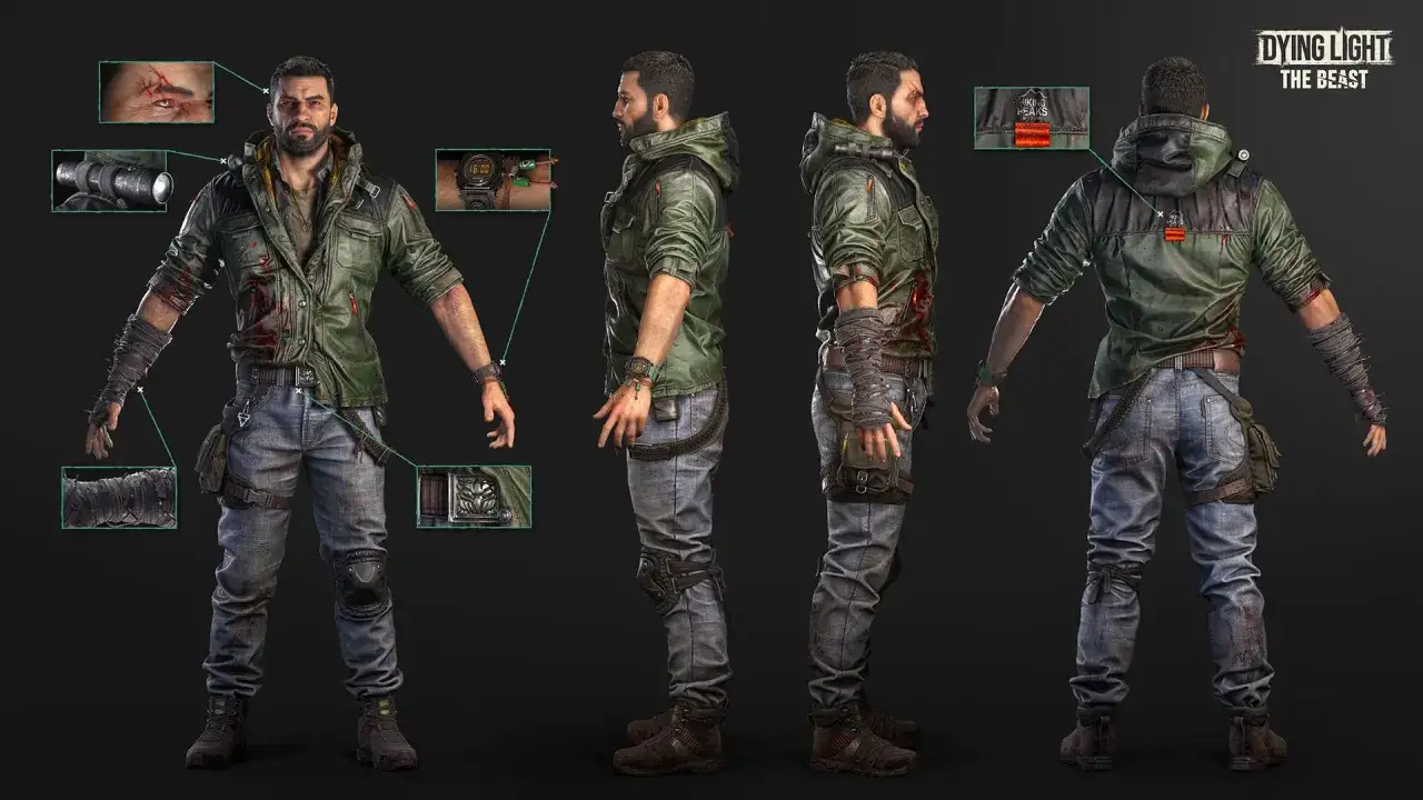 Kyle Crane w zielonej kurtce, z bliznami i zakrwawiony, gotowy do walki. Widać jego latarkę i zegarek.