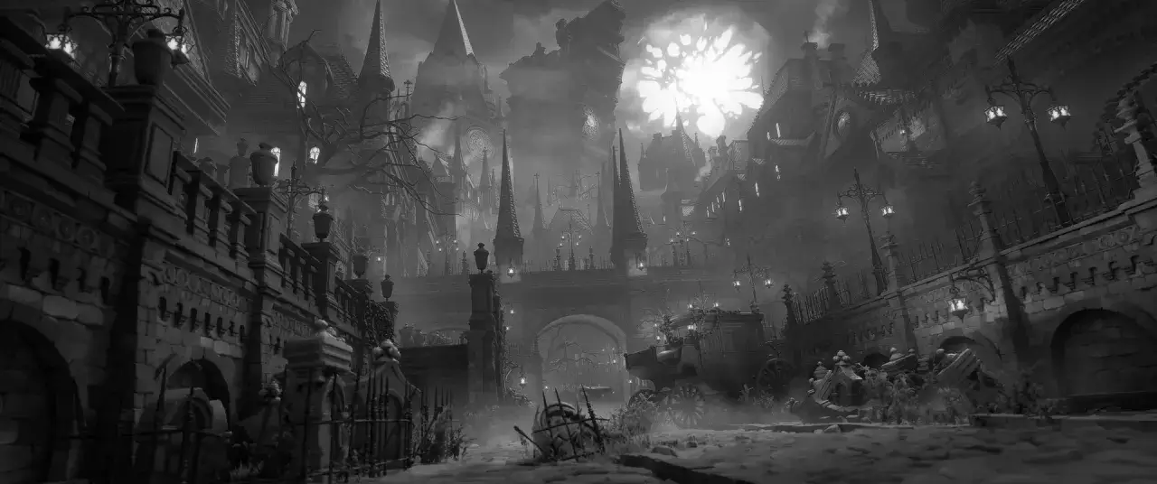 Mroczne, mgliste miasto z gotycką architekturą i księżycem w pełni. Wyobraź sobie, jak wyglądałby bloodborne remake w takiej scenerii.