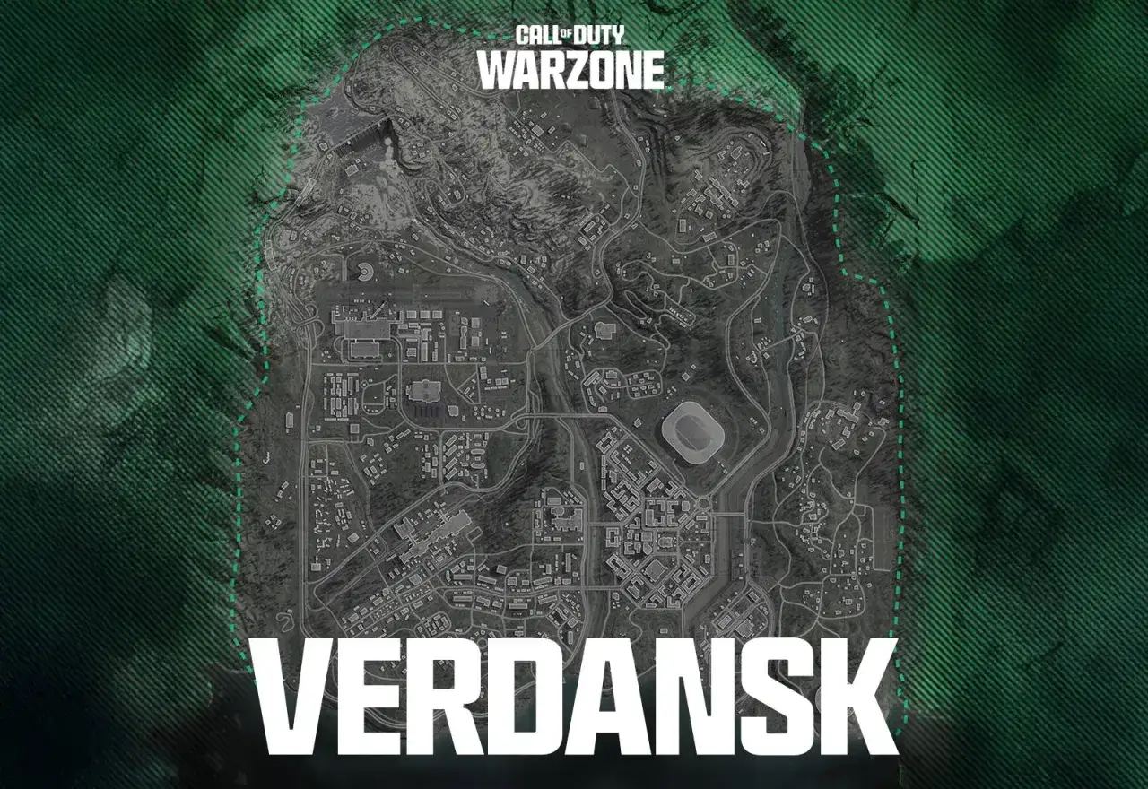 Mapa Verdansk z gry Call of Duty Warzone. Widok z lotu ptaka na miasto z drogami, budynkami i stadionem.