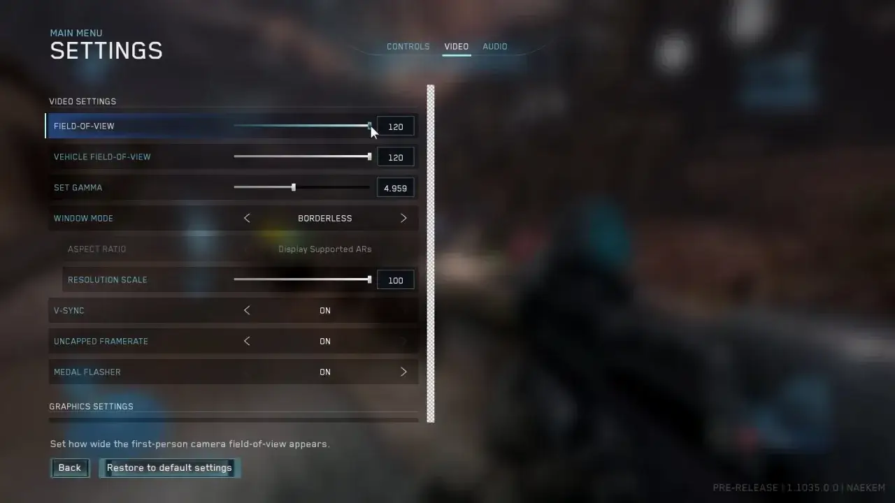 Ustawienia gry: suwak Field-of-View (FOV) na 120.