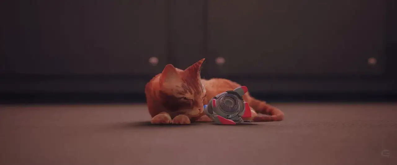 Rudy kotek z gry Stray 2 odpoczywa obok swojego towarzysza, drona.