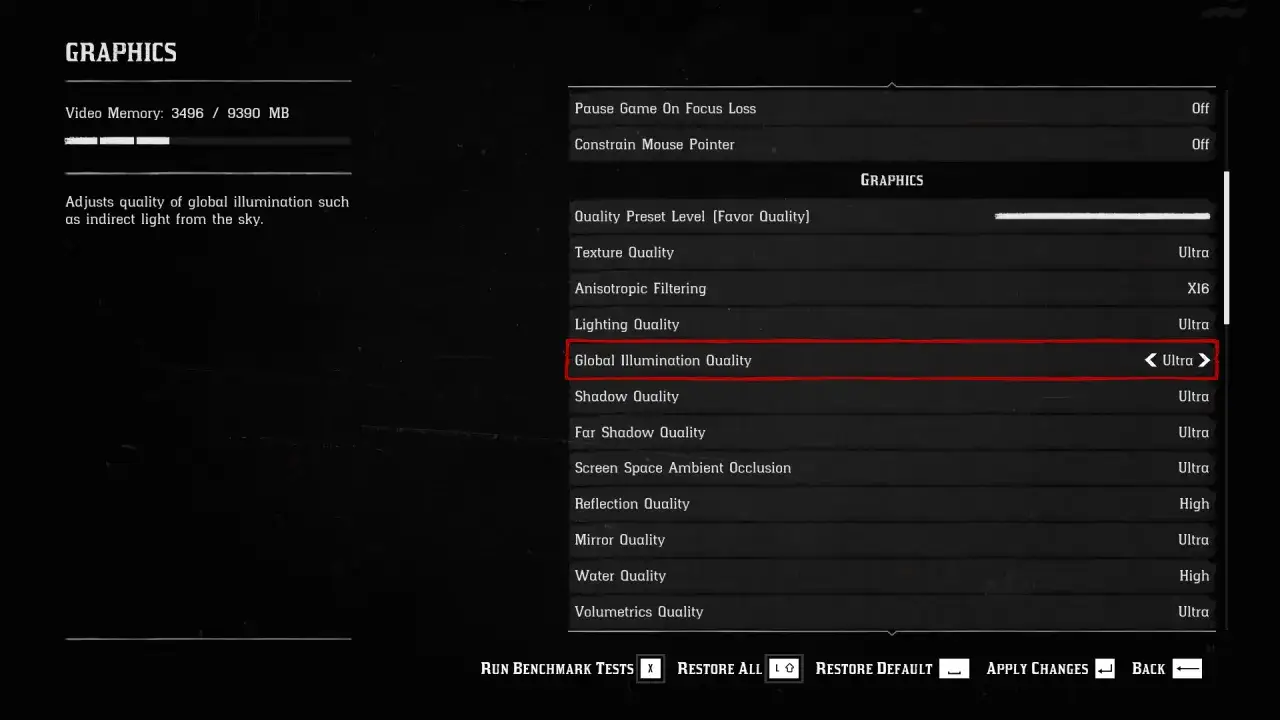 Ustawienia grafiki w Red Dead Redemption 2 PC: jakość globalnego oświetlenia na Ultra.