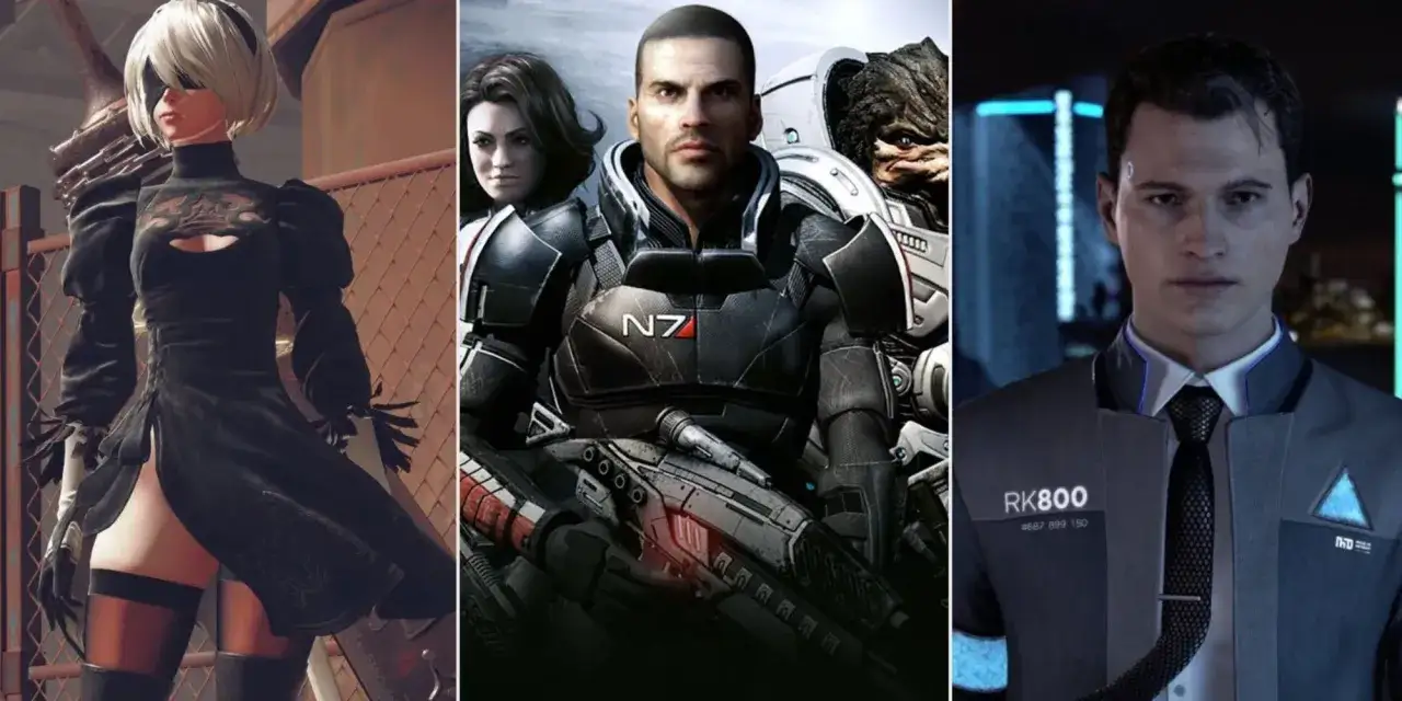 Postacie z gier, gdzie Twoje wybory kształtują fabułę: 2B z Nier: Automata, Shepard z Mass Effect i Connor z Detroit: Become Human.