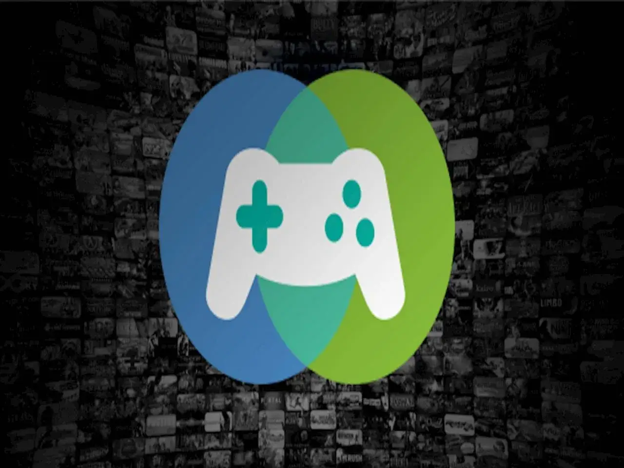 Symbol gamepada na tle ścianki z okładek gier. Ikona symbolizuje steam family, czyli wspólne granie.