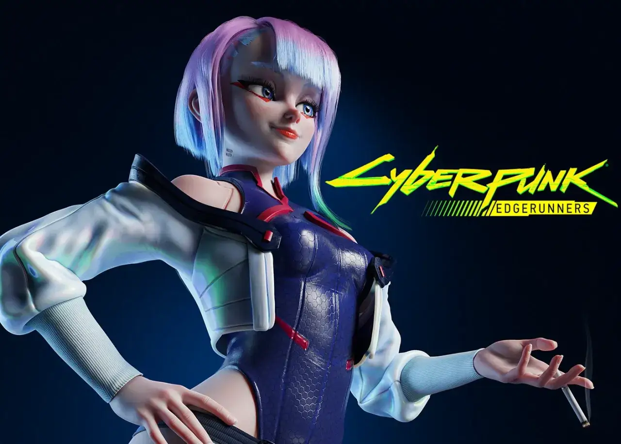 Lucy z Cyberpunk: Edgerunners, z fioletowo-niebieskimi włosami, w niebieskim stroju i białej kurtce, trzyma papierosa.