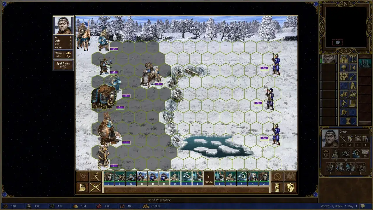 Bitwa w heroes gra na mroźnej mapie. Bohaterowie z armiami przygotowują się do starcia.