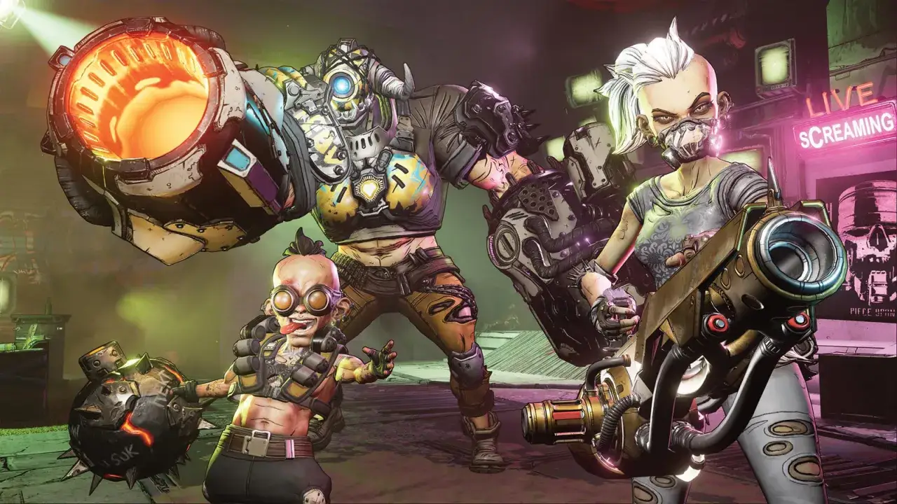 Trzy postacie z gry Borderlands, w tym potężny mężczyzna z wielkim działem, kobieta z maską i broń, oraz mały, złośliwy stwór z kolczastą kulą. Ich ekwipunek, w tym gearbox, sugeruje gotowość do walki.