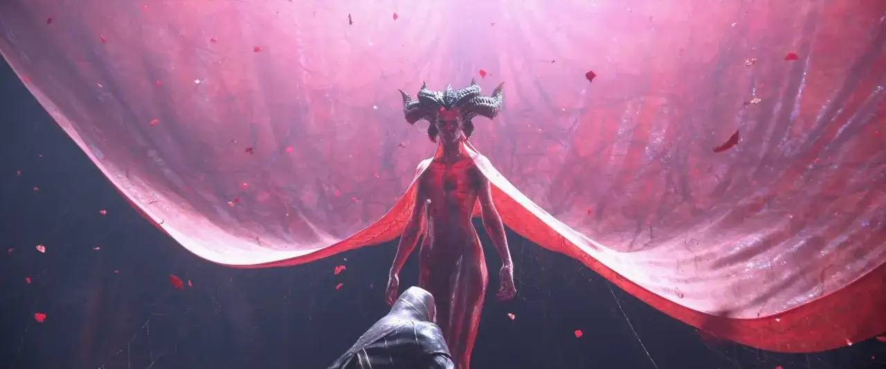 Lilith Diablo, matka demonów, w czerwonej szacie, z rogami, klęczy przed nią postać w zbroi.