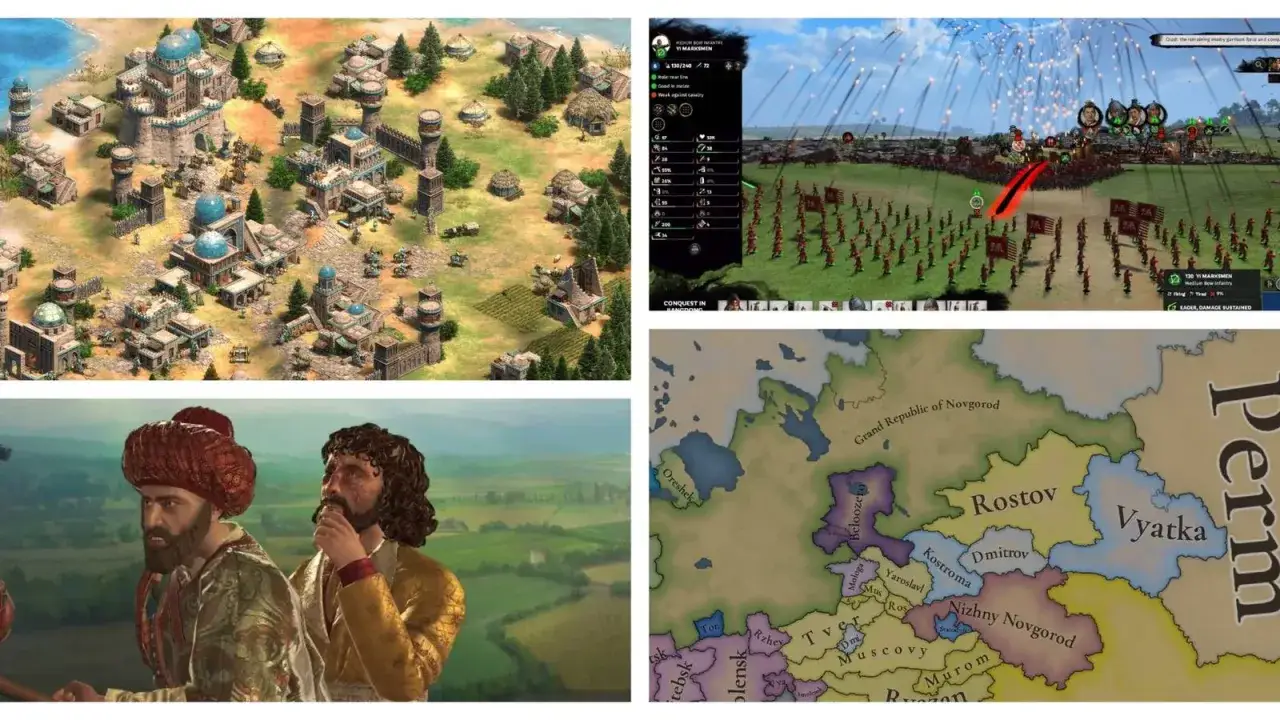 Kolaż z gry strategicznej: budowanie miasta, bitwa z łucznikami, mapa Europy Wschodniej. Wciągające gry historyczne.