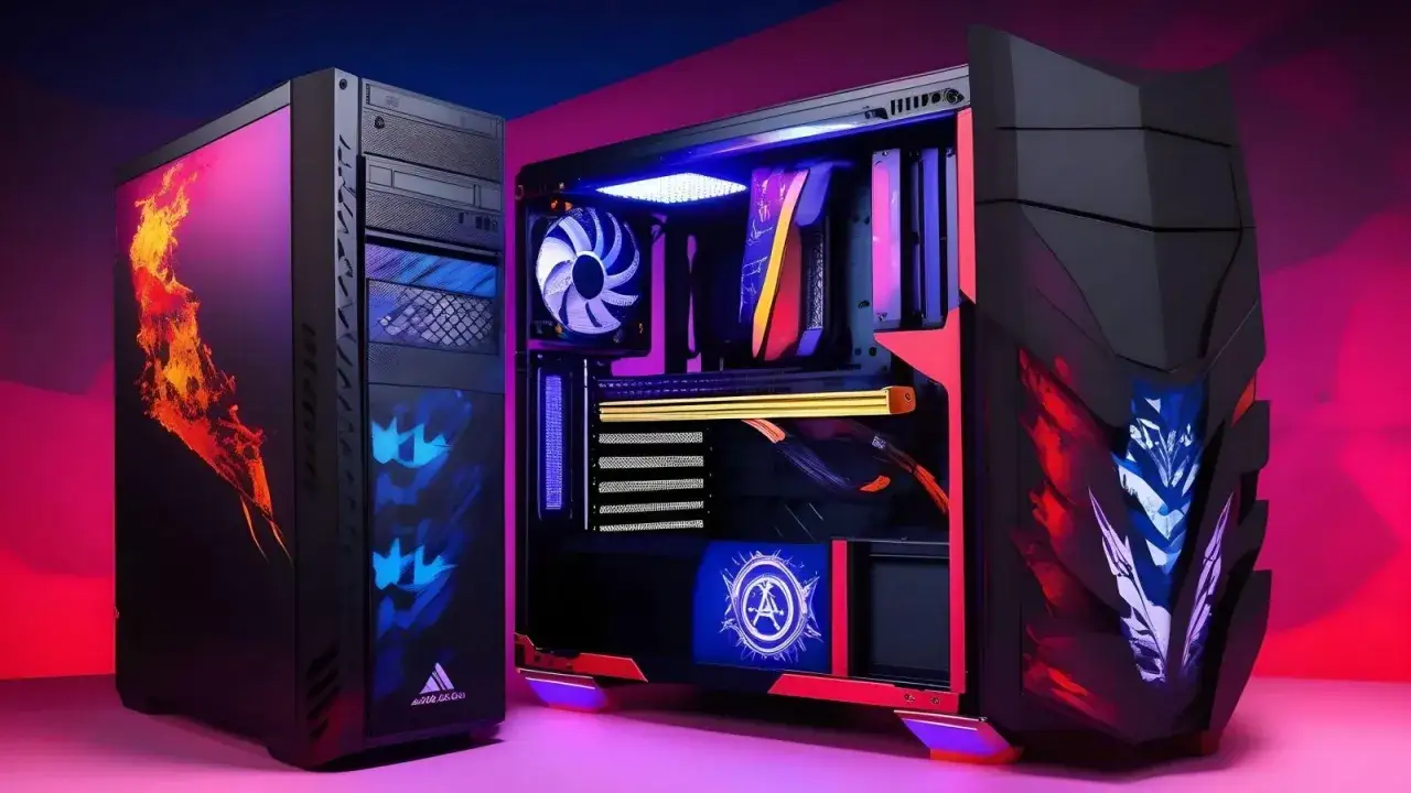 Dwa gamingowe komputery z podświetleniem RGB. Jeden z nich ma otwarty panel boczny, ukazujący wnętrze. Idealne do gry w CS2, spełniając jego wymagania.