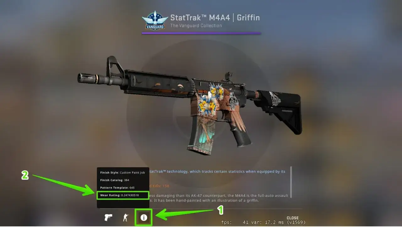 M4A4 Griffin, jeden z najdroższych skinów w CS GO, z niskim zużyciem (Wear Rating 0.247430518).