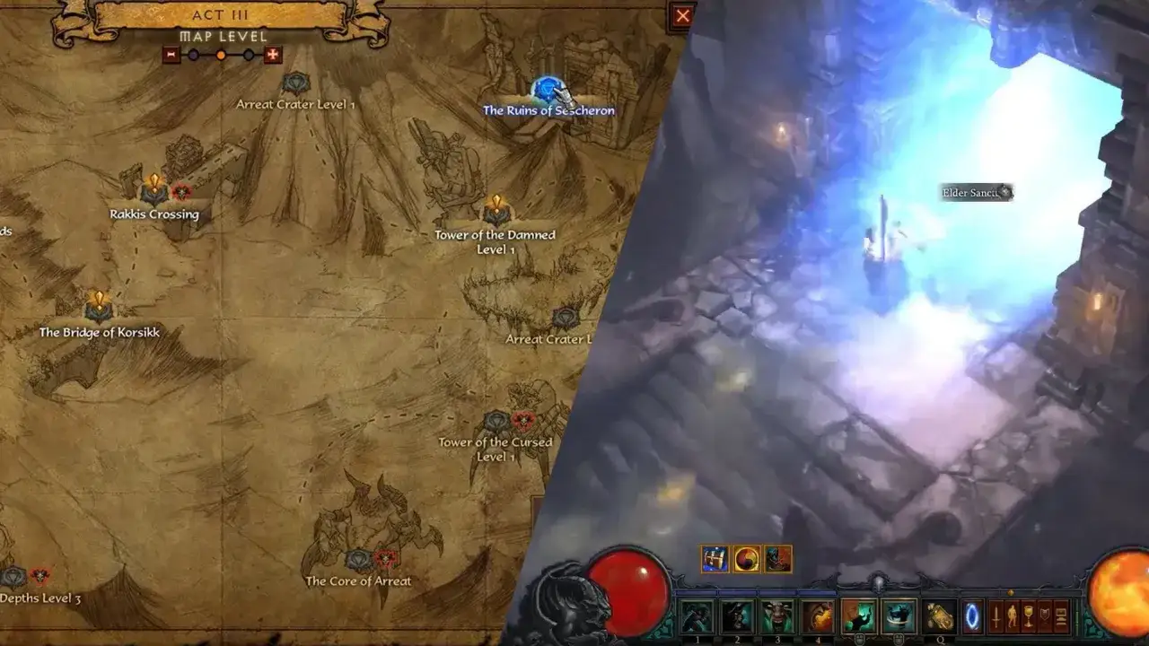 Mapa Aktu III z Diablo 3 i lokacja Elder Sanctum. W tle widać fragment gry, gdzie gracze mogą znaleźć Kostkę Kanai.