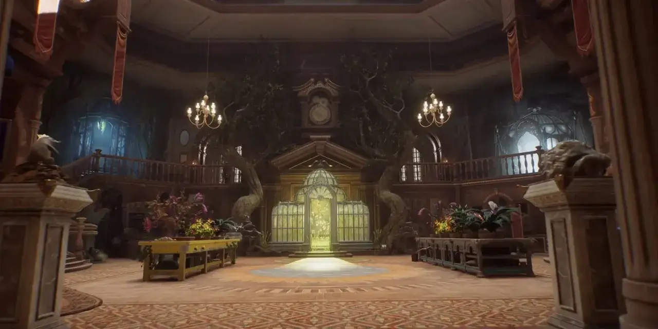 Wnętrze Hogwart Legacy: Pokój Życzeń z drzewem, szklarnią i roślinami. Magiczna atmosfera.