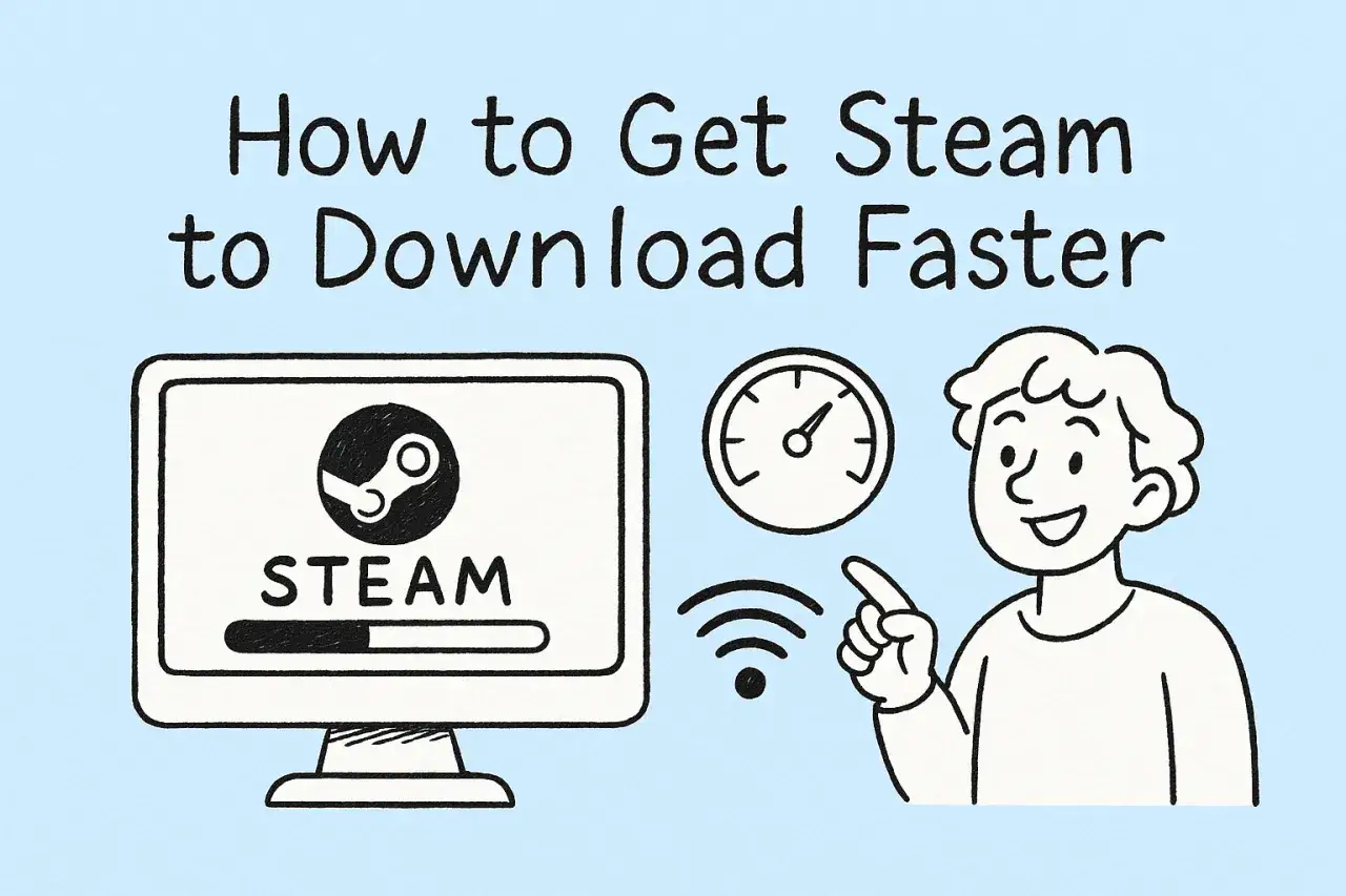 Chcesz wiedzieć, jak przyśpieszyć pobieranie na Steam? Ilustracja pokazuje komputer z logo Steam i paskiem postępu, wskaźnik prędkości i ikonę Wi-Fi, sugerując optymalizację pobierania.