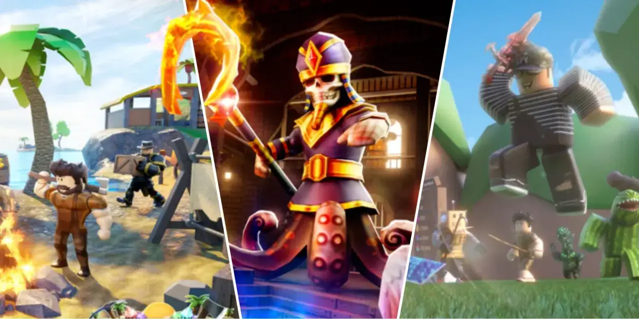 Trzy sceny z gry Roblox: tropikalna wyspa z postaciami, szkielet w stroju faraona z mackami i potwory, oraz gracze walczący z gigantycznym przeciwnikiem. To są fajne gry na Roblox!