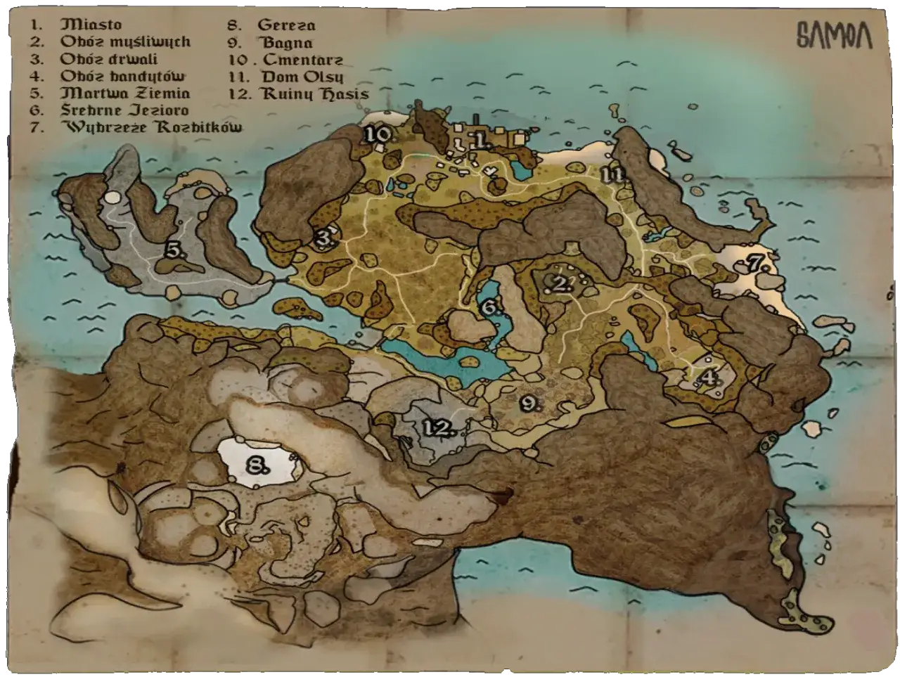 Mapa Khorinis z zaznaczonymi lokacjami: Miasto, obozy myśliwych, drwali, bandytów, Martwa Ziemia, Srebrne Jezioro, Wybrzeże Rozbitków, Gereza, Bagna, Cmentarz, Dom Olsy, Ruiny Hasisa.