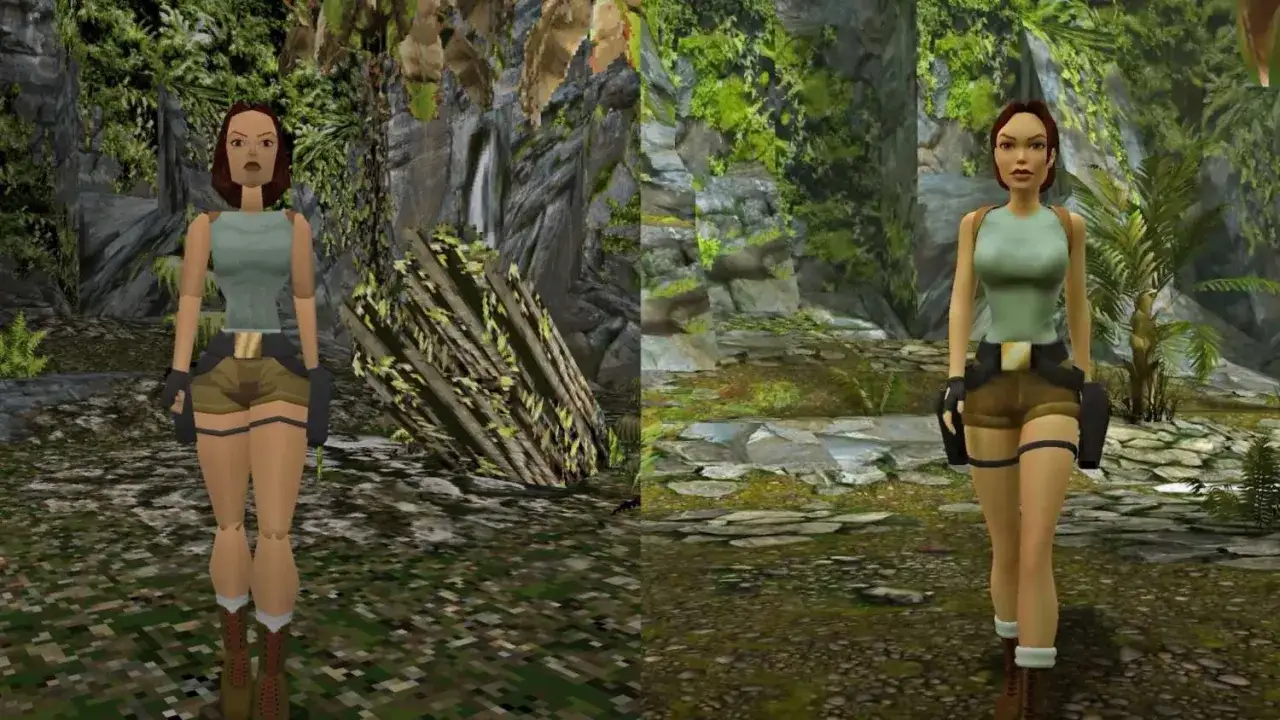 Porównanie grafiki z gry Tomb Raider remake: po lewej oryginalna Lara Croft, po prawej zmodernizowana wersja.
