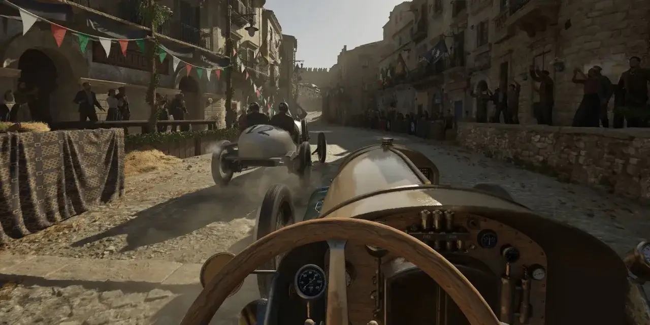 Wyścig samochodowy w stylu retro, jak z gry Mafia IV. Widok z perspektywy kierowcy.